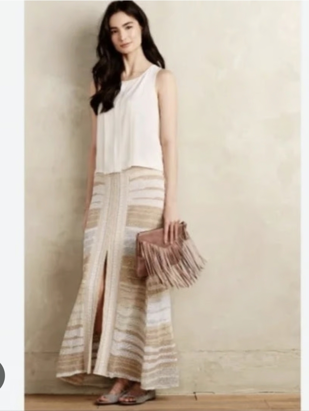 Cecilia Prado Striped Cream and Beige Maxi Skirt with Front Slit Size Medium